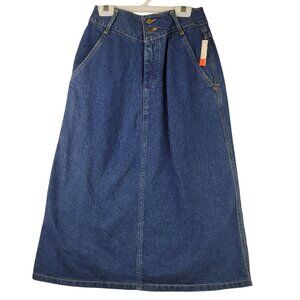 Vintage 80s Lee Casuals Denim Midi Skirt Jr Size 5 Blue High-Rise Dropped Yoke